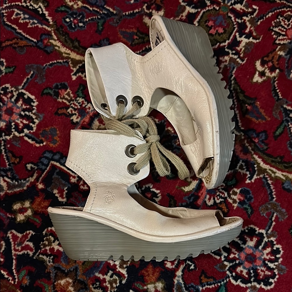 Fly London Cream Gray Wedge Shoes with Elevated Platform
